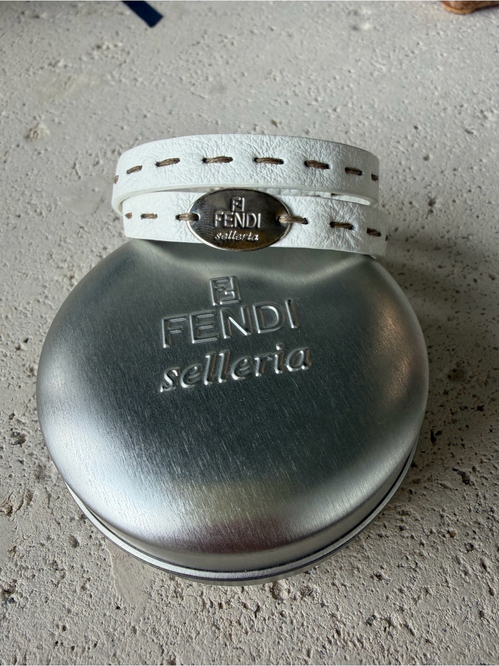 Fendi Selleria White Leather Double-Wrap Bracelet with Metal Logo Plaque